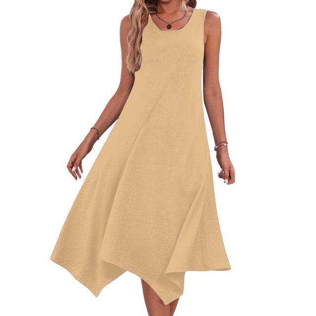 Ovzne Robes d'Été pour Femmes 2025 Robe de Plage Robes Sans Manches Col Rond à Cordon Décontracté Volanté Robe Trapèze Mini Grande Taille en Liquidation
