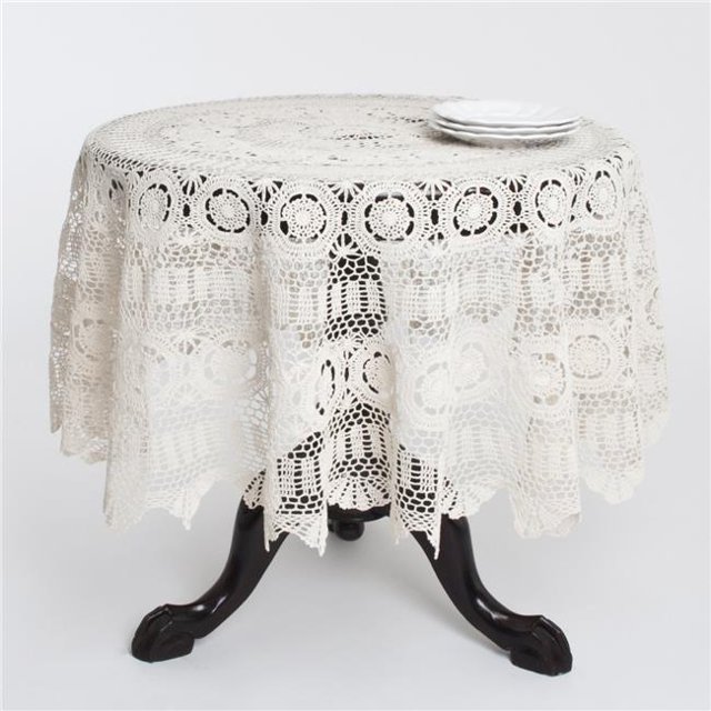 SARO 869.E36R 36 in. Round Handmade Crochet Cotton Lace Table Linens - Ecru