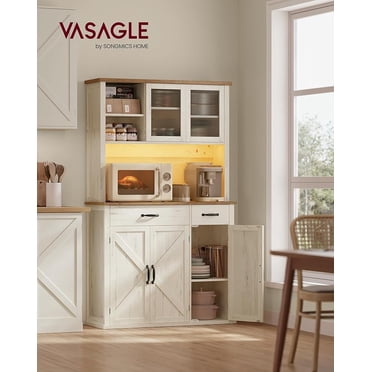 VASAGLE Pantry Cabinet with Lights and Charging Station, Kitchen Storage Cabinet with Doors and Drawers, 39.5 x 106.5 x 180.6 cm, Adjustable Shelves, Farmhouse Style, Rustic White