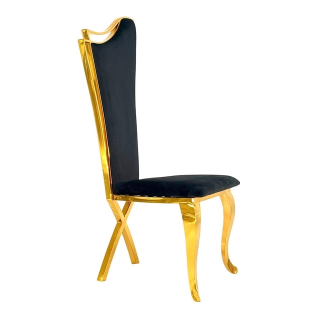 Canadian Morocco Gold Dining Chair (Set of 2) with a tall black velvet fabric seat and backrest, supported by mirror-finished golden stainless-steel legs with curved front and crossed rear design, ideal for kitchen and dining seating and suitable for stylish office use.