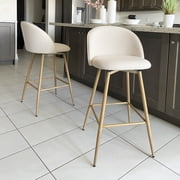 Homy Casa Set of 2 Modern Barstools with Fabric Upholstery and Wooden Legs - 26 in. Seat Height