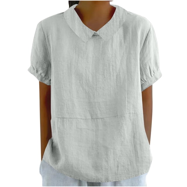Timegard Chemises en Coton et Lin pour Femmes Mignonnes Froncées à Manches Bouffantes d'Été Chic Décontracté Amples à Col à Revers Hauts Blouse