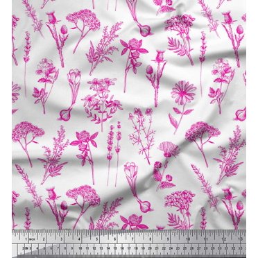Soimoi Pink polyester Crepe Fabric Leaves & Primrose Floral Decor Fabric Printed Yard 52 Inch Wide