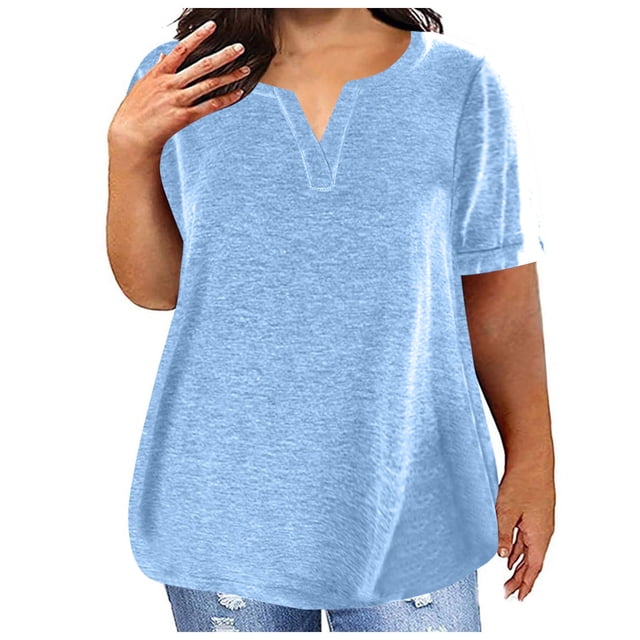 Timegard Plus Size Tops for Women V-Neck Short Sleeve Solid Color Comfy Basic Tee Casual Loose Tops