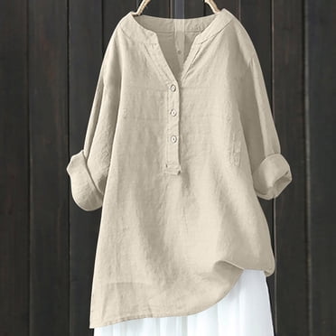 Chemises à Manches Longues pour Femmes Été Tendance Tunique en Coton et Lin Chemises Amples Confort Col en V Blouses Unies Hauts Décontractés pour Dames