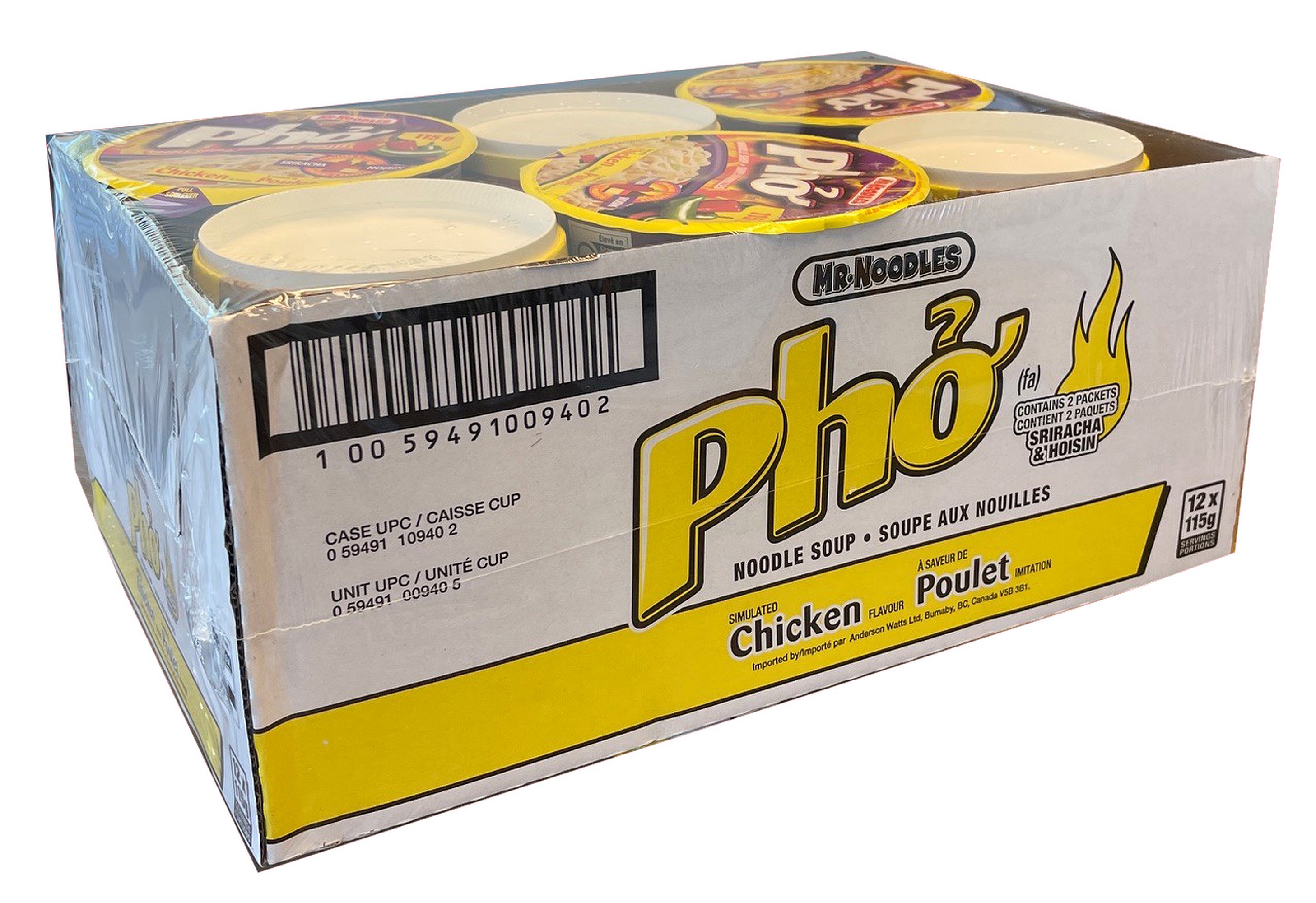 Nouilles à l’oriental à saveur de poulet Pho dans un bol de Mr. Noodles, 115 g, paquet de 12