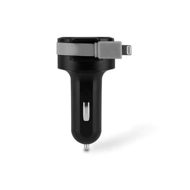 Aluratek 4.8A Car Charger with Built-in Lightning Rolling Ribbon Cable and USB Charging Port