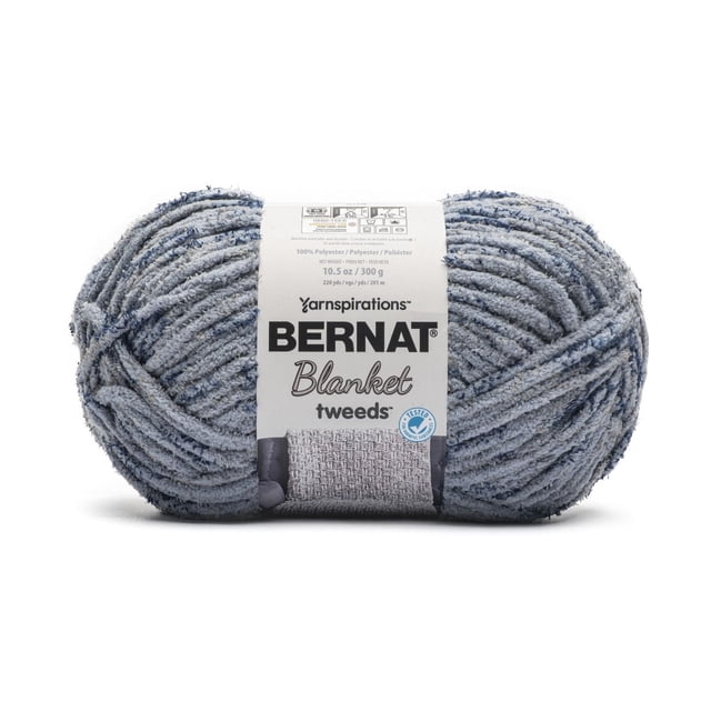 Bernat® Blanket Tweeds™ Yarn, 10.5 oz (300 g) super bulky #6 polyester skein with 220 yards of soft chenille-style blue tweed yarn, ideal for knitting or crocheting cozy blankets and quick home decor projects.