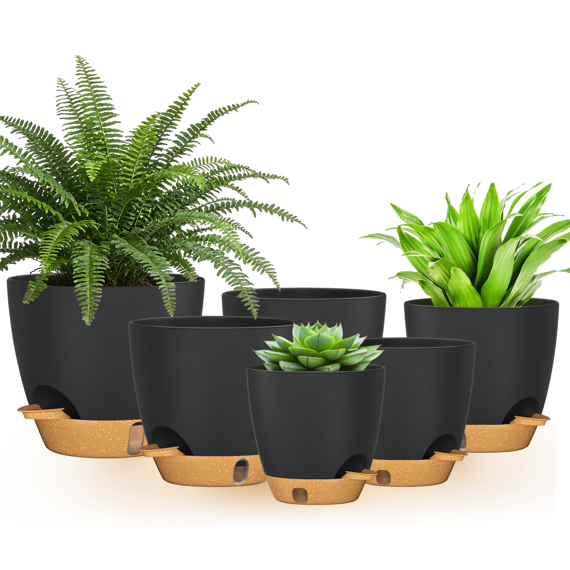 FIASON 6 Pack Plastic 5/5.5/6/6.5/7/8 Inch Black with Brown Self Watering Plant Pots,Include Watering Lip,Drainage Holes and Removable Saucer,Flower Planter Containers for Indoor Outdoor Garden House