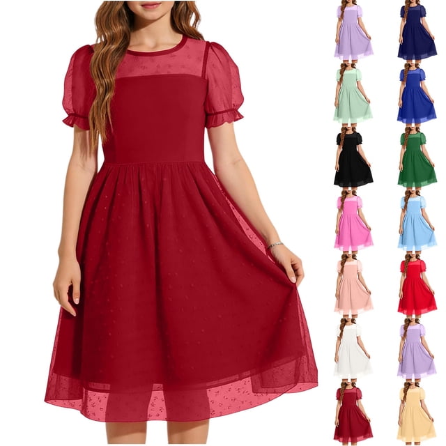Ashirexll Robe d'Été pour Filles Enfants Col Rond Couleur Unie en Maille Manches Courtes Pois Tunique Ligne A pour Enfants
