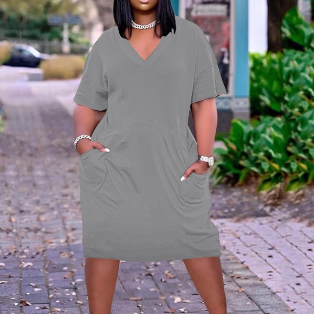 BEFOKA Robe pour Femme Grande Taille, Liquidation de Robes d'Été pour Femmes, Robe Unie Grande Taille à Manches Courtes et Col avec Poches pour Femme