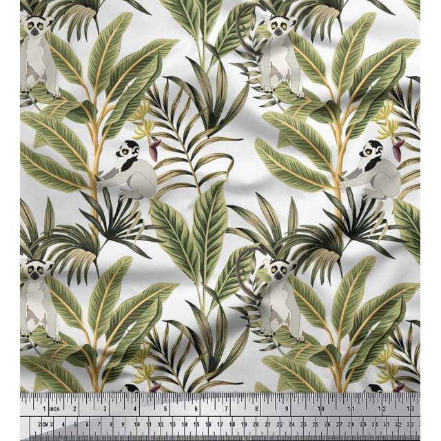 Soimoi Rayon Fabric Leaves & Lemur Animal Decor Fabric Printed Yard 42 Inch Wide