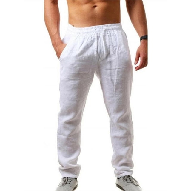 Innerwin Bottoms Solid Color Men Pants Outdoor Elastic Waist Loose Trousers White L