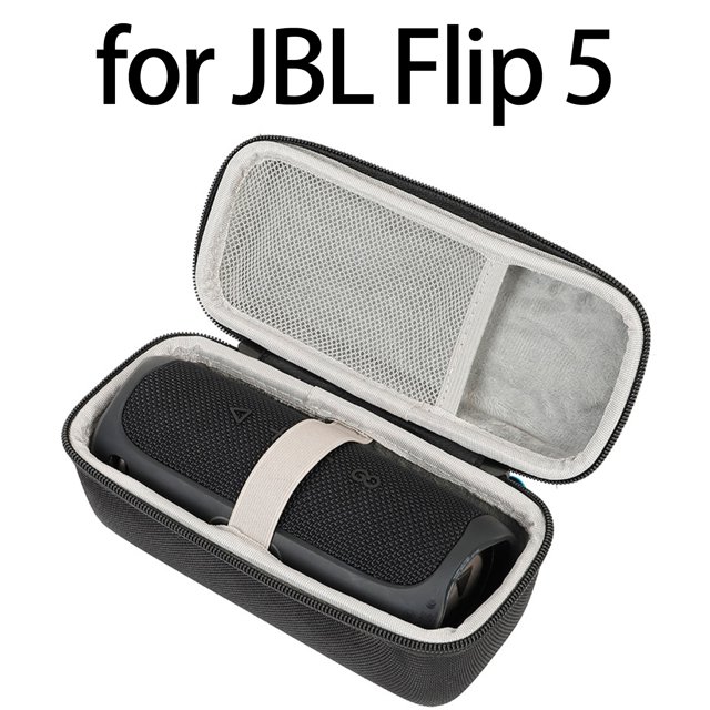 Portable Storage Bag for JBL TUNER 2 FM/FLIP ESSENTIAL 2 Wireless Speaker Carrying Case designed for JBL FLIP 6, 5, 4, and 3 Bluetooth speakers. This black electronics carrying case is made of durable polyester fabric and EVA material, featuring a compact size of approximately 200 x 90 x 90mm (7.87 x 3.54 x 3.54 inches). The interior includes a mesh pocket and elastic strap for secure storage.