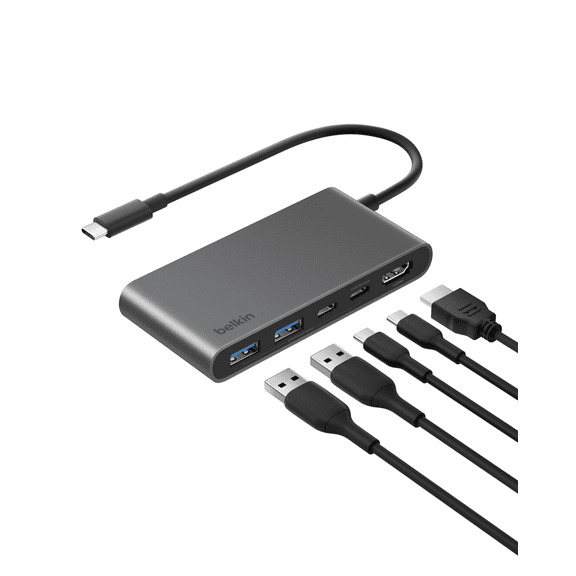 Belkin USB C Hub, 5-Port Hub w/ 4K HDMI Display @ 60Hz, 100W Power Delivery, Fast Data Transfer 5Gbps, USB C Multiport Adapter for MacBook, iPad Pro, Chromebook, & More - Upgraded HDMI 2.0