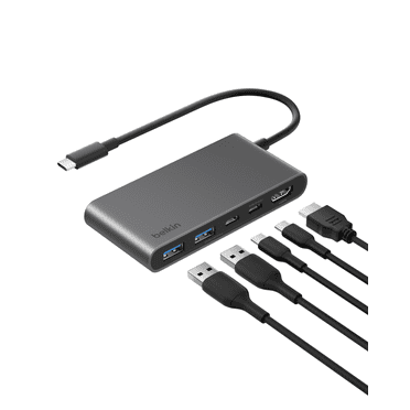 Concentrateur USB-C Belkin 5 ports avec HDMI 4K à 60 Hz, alimentation 100 W et transfert 5 Gbit/s pour MacBook, iPad Pro, Chromebook et plus – HDMI 2.0 amélioré