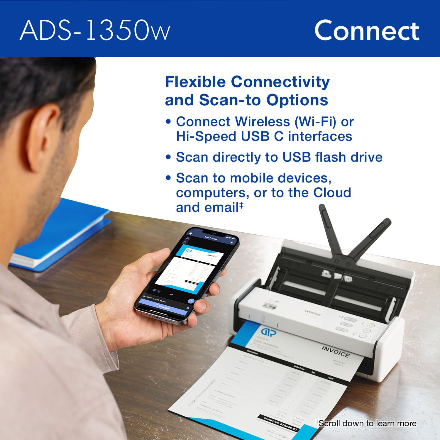 Brother ADS-1350W Wireless Compact Desktop Scanner for Easy Scanning by Small Businesses or Independent Users