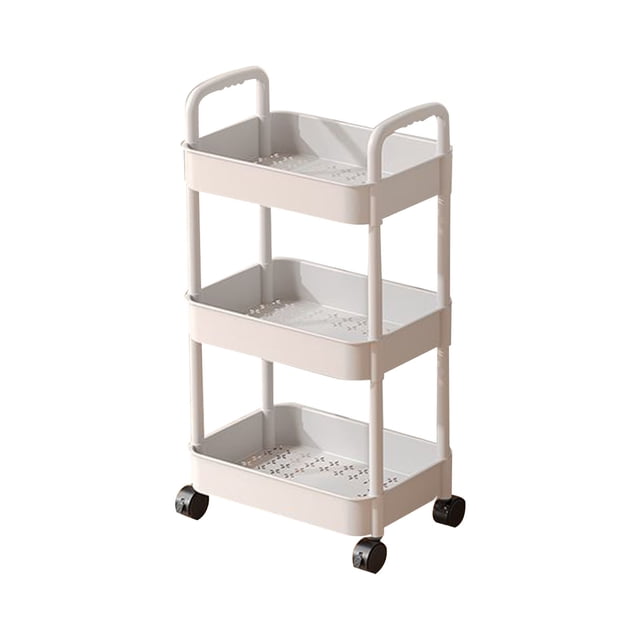 Wzzjkit Kitchen Rack, 3-tier rolling storage cart with wheels made of durable plastic. Features three spacious tiers with perforated bases for ventilation, compact design, and handles for easy mobility. Suitable for organizing kitchen, living room, office, bathroom, or as a bar cart.