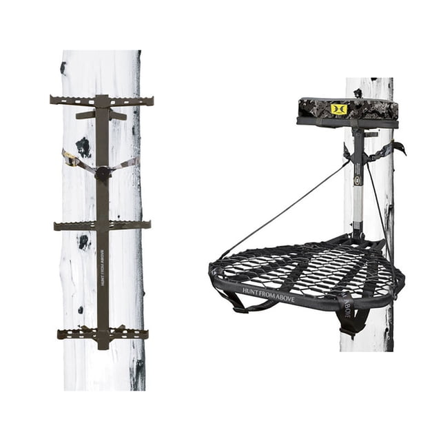 Hawk Ranger Traction Ensemble de 3 Bâtons d'Escalade avec Treestand et Harnais Corporel Fixé à un Arbre, Idéal pour la Chasse au Cerf et la Gestion du Gibier. les Bâtons d'Escalade Offrent des Marches de Traction avec des Extrémités Surélevées pour une Assise Sécurisée, pendant Que Treestand Comprend une Plateforme en Acier durable, un Siège en Mousse Mémoire avec Réglage d'Angle et un Harnais de Sécurité Corps Complet. Testé TMA pour la Sécurité et le Confort.