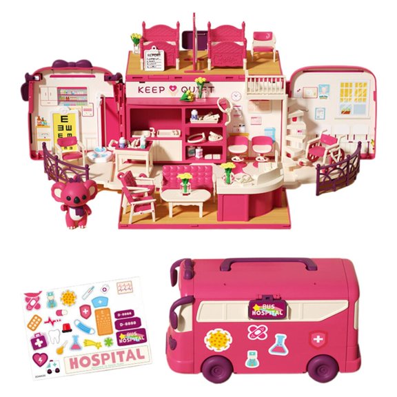 pdqouc Maison de Poupée de Voyage Pliable avec Autobus et Figurines, Chalet de Camping de Jeu d'Imitation Bricolage pour Histoires Familiales, Jouet Éducatif de Jeu de Rôle pour Garçons et Filles de 3 à 6 Ans