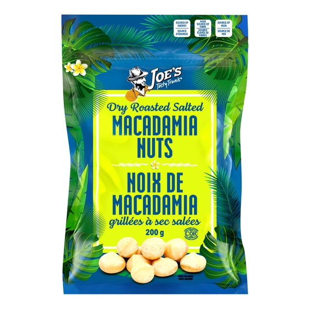 JTT MACADAMIA NUTS DRY ROASTED W/S 200G resealable bag of dry roasted salted macadamia nuts with tropical leaf designs on blue and yellow packaging, noted as a source of energy, iron, and fiber, weighing 200 grams.