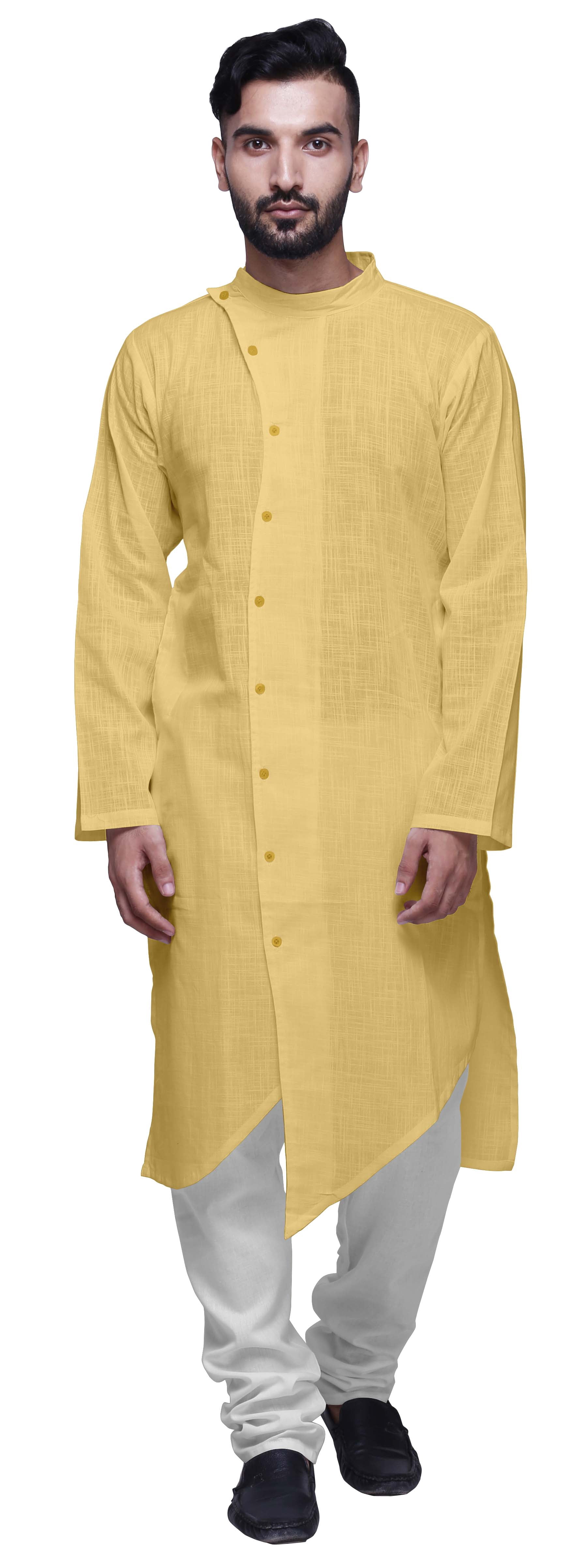 Atasi Cotton Slub Mens Kurta Solid Button Down Long Sleeve Indian Partywear
