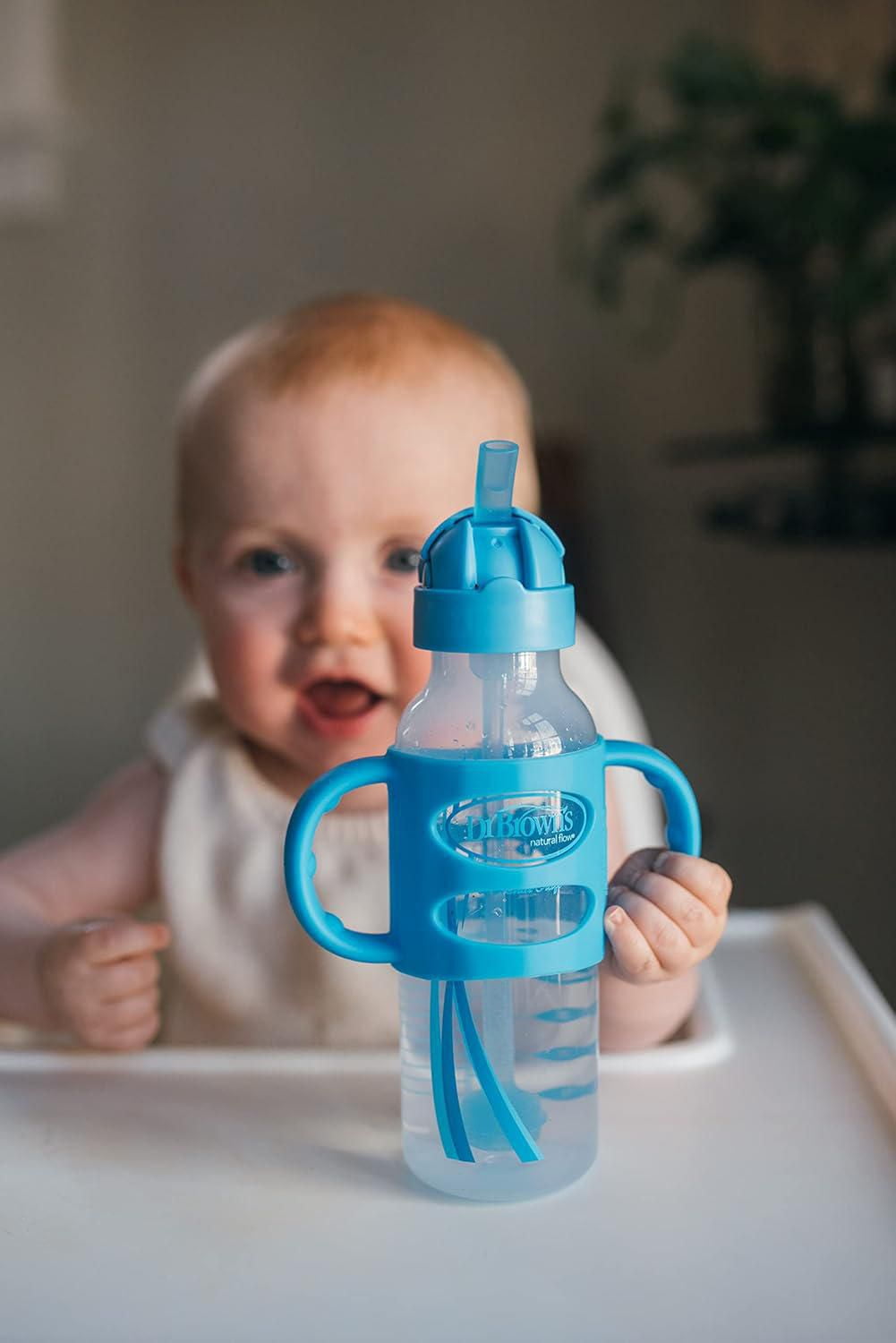 Dr. Brown's Milestones Narrow Sippy Straw Bottle, Spill-Proof with 100% Silicone Handles, Gray/Blue, 6m+, 2x8oz Bottles