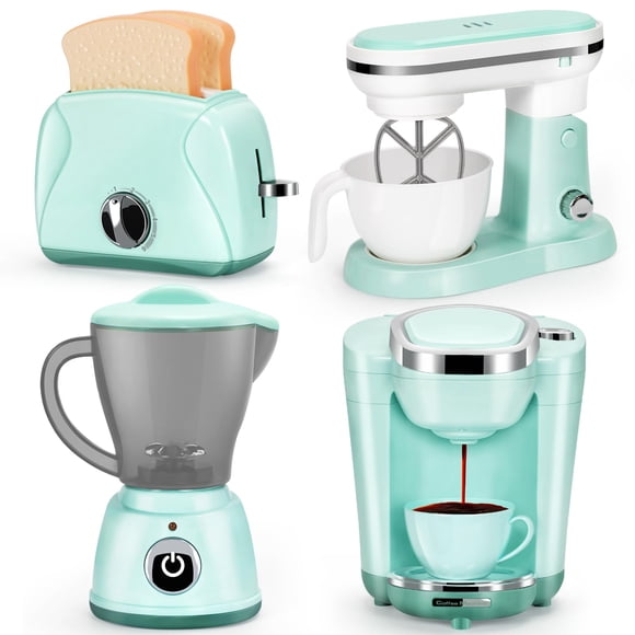 Play Kitchen Appliances Toy Set with Coffee Maker Machine, Mixer, Toaster, Blender, Kids Kitchen Playset, Play Kitchen Accessories with Sound & Light, Birthday Gifts for Kid Gir