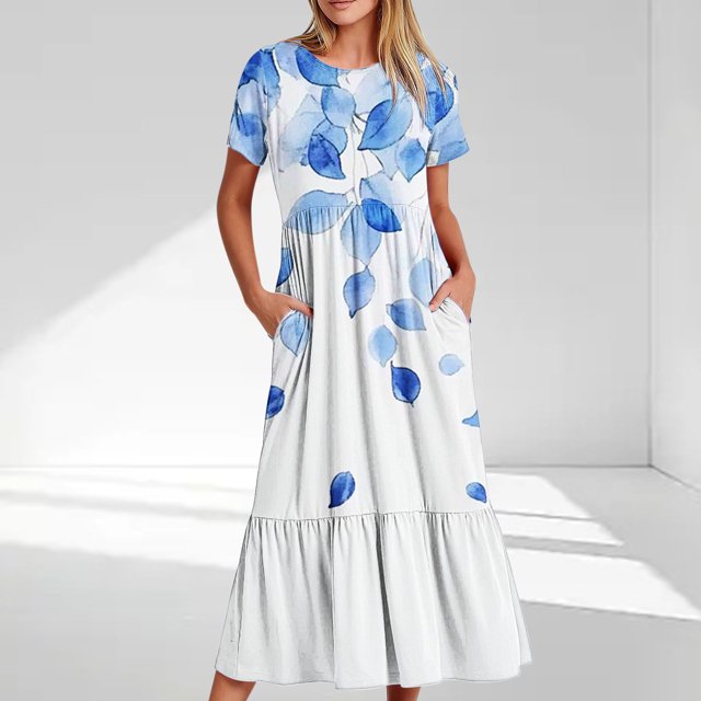 Ovzne Robes pour Femmes Robe pour Femme Mode Féminine Manches Longues Col Rond T-Shirt Imprimé Blouse Ample Robe de Vacances Manches Courtes Imprimée Liquidation