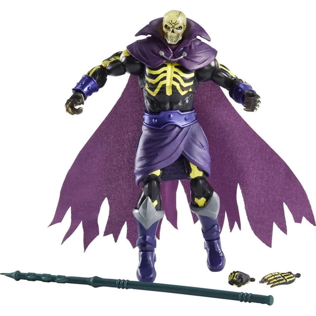 Maîtres de l'Univers Masterverse Scare Glow Figurine d'Action, un Méchant Articulé de 7 Pouces avec une Poitrine Squelettique Jaune, une cape et une Jupe Mauves en Lambeaux, des Gantelets et des Bottes Bleus, avec des Mains Squelettiques Interchangeables et un Accessoire de Bâton Vert, Convient à l'Exposition et au Conte de Récits dans les collections de Jouets de Combat.
