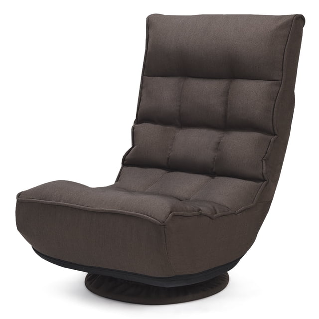Patiojoy 360 Degree Swivel Sofa 4-Position Adjustable Recliner Chair in brown linen material, featuring a high backrest, thick sponge cushioning, and a sturdy steel base with 360-degree rotation. Suitable for living rooms and compact spaces, offering comfort and multifunctional use with adjustable reclining positions.