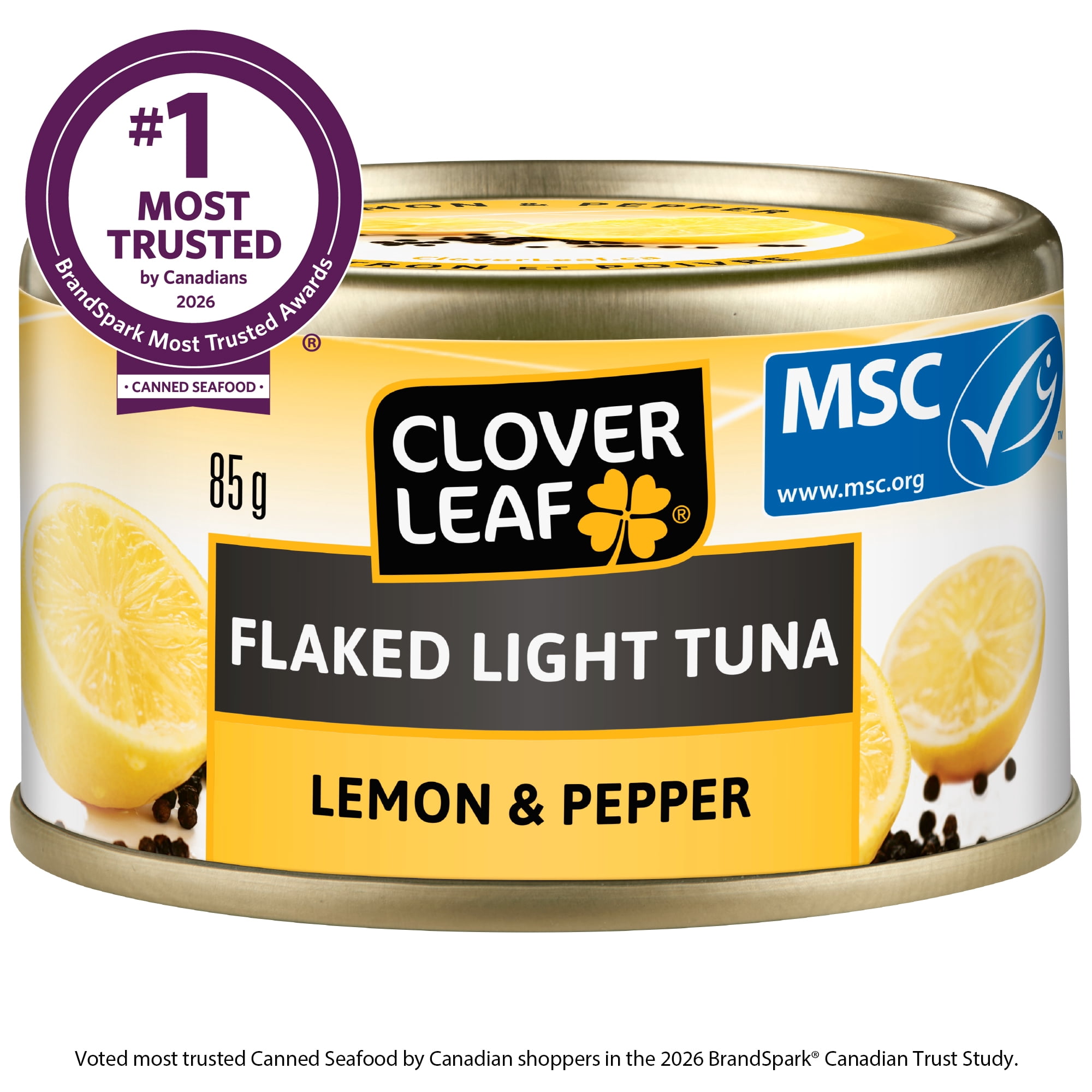 Thon pâle émietté Clover Leaf® - au citron et poivre. Poisson sauvage. 18 g protéines par 1 boîte. Prêt à manger. Sans gluten.
