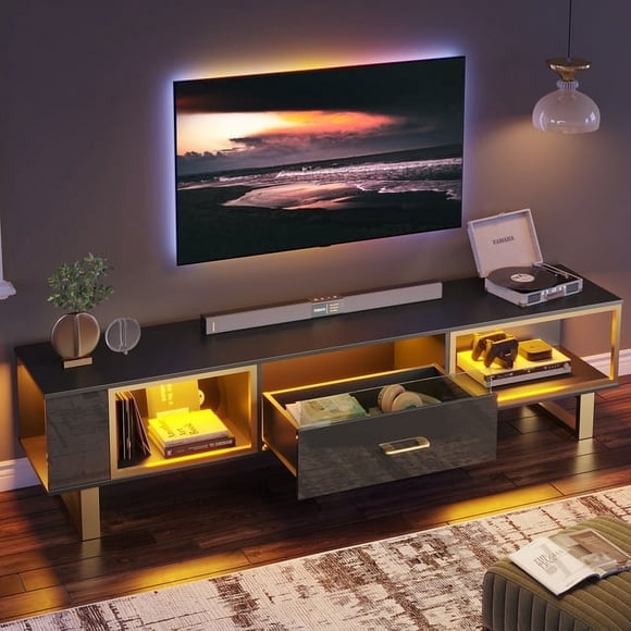 Bestier Meuble Télé à Fini Très Lustré pour Télé de 75 Pouces avec Rangement Ouvert et Tiroir, Noir