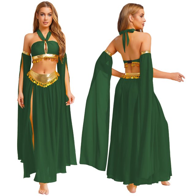Aiihoo Ensemble de Costume de Danse du Ventre pour Femmes 4 Pcs, Haut Robe à Ourlet Doré à Dos Nu et Manches Longues, Spectacle de Danse Vert P