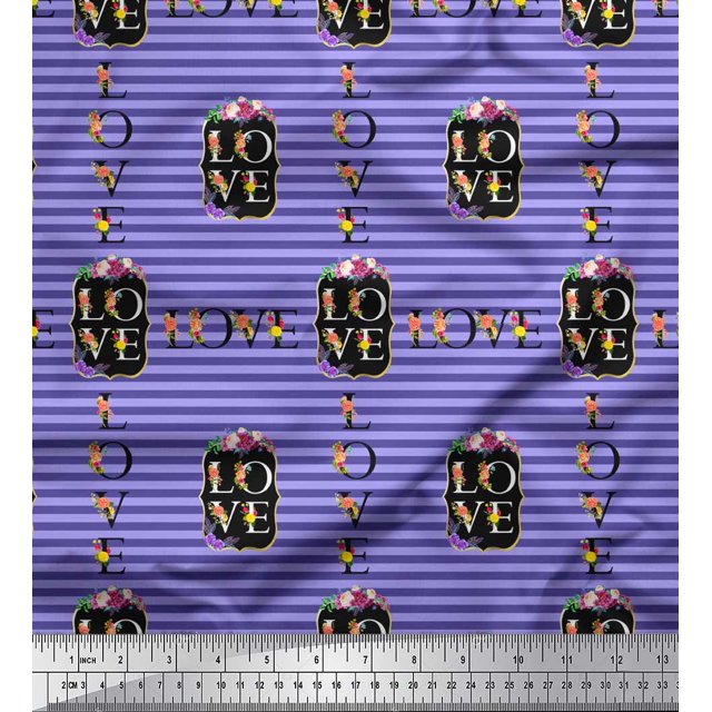 Soimoi Purple Poly Georgette Fabric Stripe & Floral Alphabet Text Printed Fabric 1 Yard 42 Inch Wide