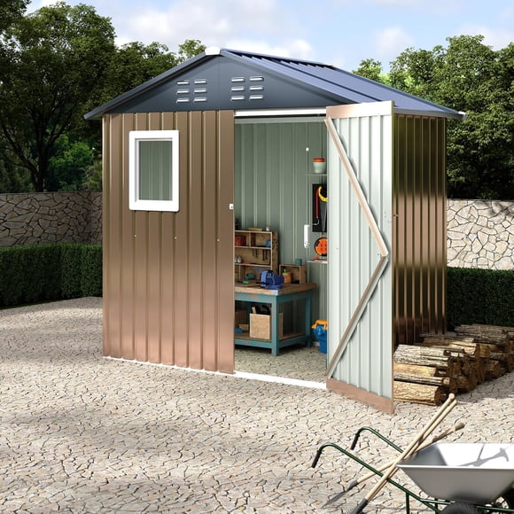 AKDSteel 6x4 Ft Metal Storage Shed With Window, Lockable Door, And Air Vent For Secure Outdoor Storage In Your Patio, Yard, Or Garden