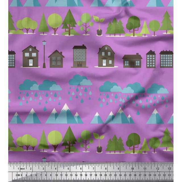 Soimoi Polyester Crepe Fabric Tree,House & Raindrop Nature Print Sewing Fabric Yard 42 Inch Wide