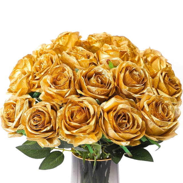 TETOU 5 Pcs Artificial Gold Flowers Silk Roses Real Touch Party Bridal Wedding Bouquet(Gold)