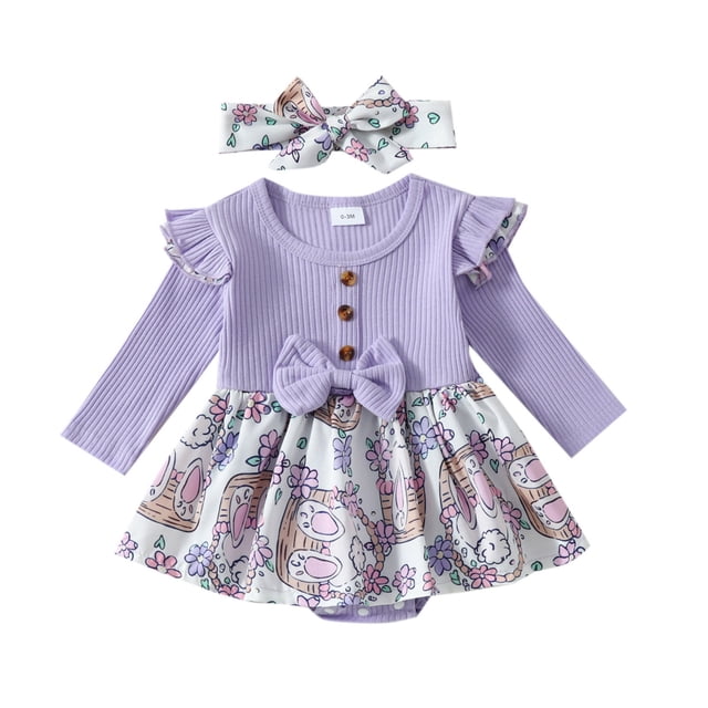 MIASHUI Vêtements pour Bébé Filles Manches Longues Pâques Rabbit Imprimés Barboteuse Côtelée Bodies Robe Serre-Têtes Ensemble, Violet, 3-6 Mois