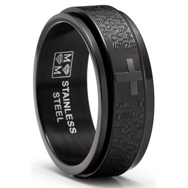 Men's Stainless Steel Lord's Prayer Spinner Fidget Ring Anxiety Band Black 8MM
