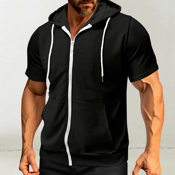 Men's Casual Short Sleeve Hoodie, Lightweight Polyester Pullover with Turn-Down Collar for Daily Wear