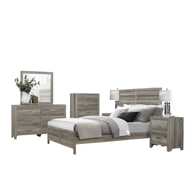Topline Home Furnishings Weathered Grey 6pc King Bedroom Set with weathered grey faux wood veneer finish and transitional design. Includes king bed with 53.5-inch headboard, footboard, two nightstands, dresser with mirror, and chest. Features satin nickel bar handles and metal-on-metal drawer glides for smooth operation.