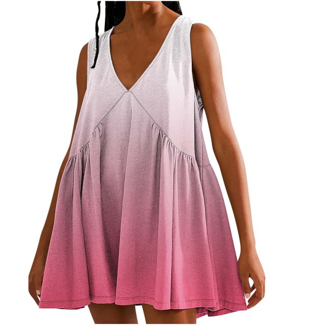 FAIWAD Robes Patchwork Surdimensionnées pour Femmes Été Amples Dégradé Sans Manches Col en V Plissées Mini Robe d'Été