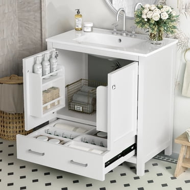 MODERNLUXE Meuble-Lavabo de Salle de Bain 30 Pouces avec Lavabo Simple, Armoire de Rangement pour Salle de Bain avec 2 Portes, 1 Tiroir, Armoire d'Évier Encastrée et Rangement Multifonction, Blanc