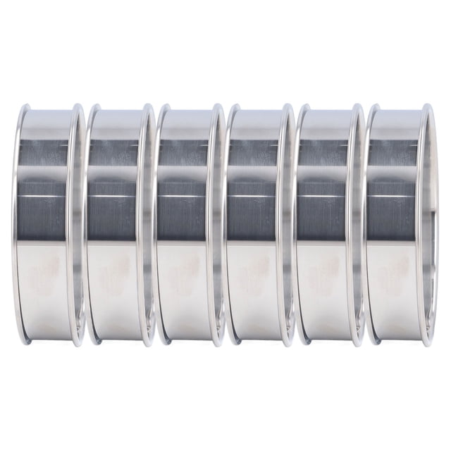Crumpet Rings, 6 PCS English Muffin Rings made of stainless steel with a 10cm (3.9in) diameter. Features a double roll design with glossy curled edges for finger protection and easy demoulding. Suitable for making egg tart crusts, fruit mousse cakes, and hamburgers. Includes six rings in the set.