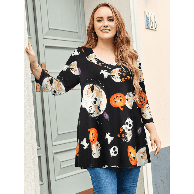 LARACE Halloween Femmes Manches 3/4 Tuniques à Fleurs Chemises Été Décontracté Chic Blouse Hauts Flower42 2X