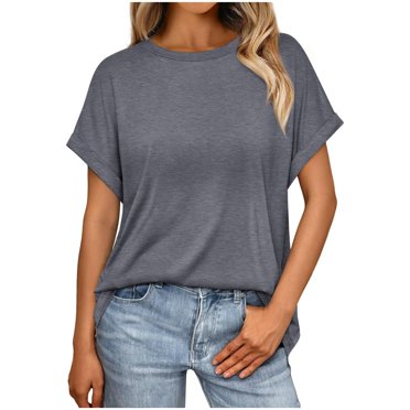 TSADFHJI Débardeurs Blancs pour Femmes Col Haut T-Shirts Basiques Décontractés Coupe Ample Col Rond Manches Courtes Été Couleur Unie TG Gris