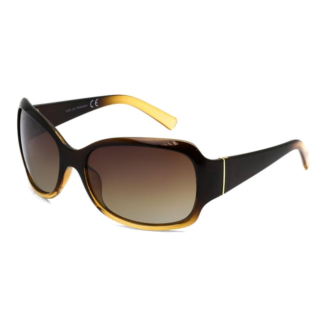 Time & Tru Ladies Brown Oversized Wrap Sunglasses with a glossy brown frame fading to amber at the edges, large rectangular gradient lenses, and wide arms featuring a thin gold accent near the hinges, providing 100% UVA/UVB protection and a modern oversized wrap style suitable for sun protection and fashion.
