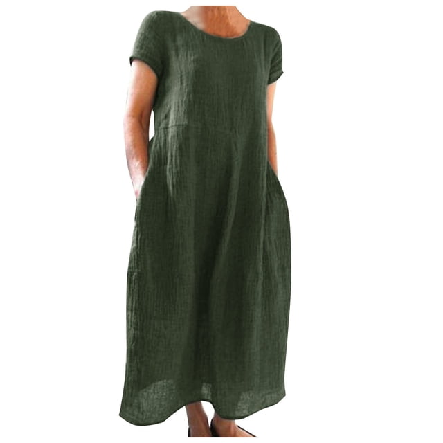 2025 Robes d'Été pour Dames Confortables Amples Confortables Couleur Unie Manches Courtes Midi Robe Femme Longue Robe Grande Taille Robe Nuisette Longue Robe d'Été Longue pour Femmes Robe à Boutons devant