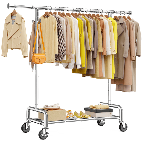 Exenoray Portant à Vêtements Robuste à Tige Unique avec Roulettes, Portant à Vêtements Chromé Ajustable avec Tige Extensible, Portant Roulant avec Roulettes Verrouillables pour la Maison, le Commerce de Détail et la Lessive